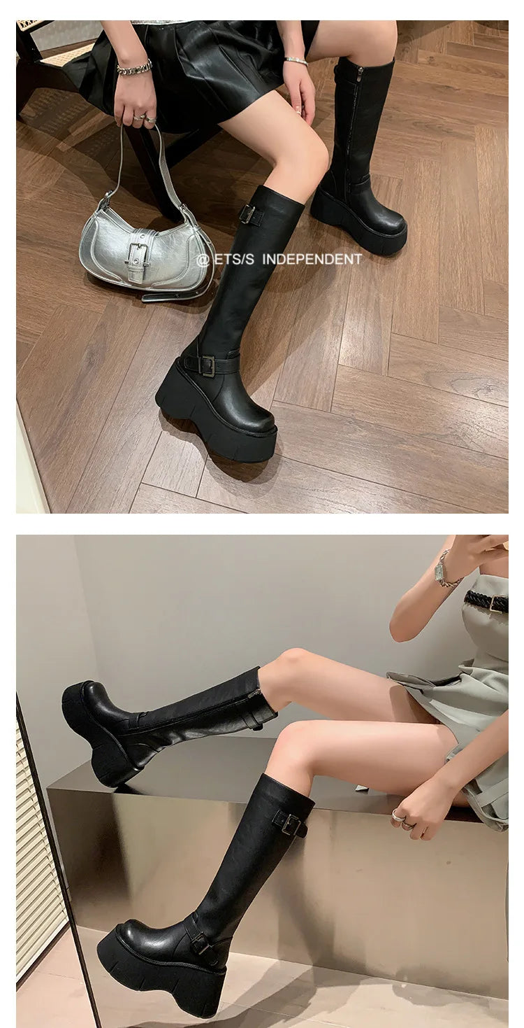 2024 Women's Shoes Basic Women's Boots Classics Knee-High Boots Women Belt Buckle Side Zip Round Toe Wedge Platform Shoes Ladies