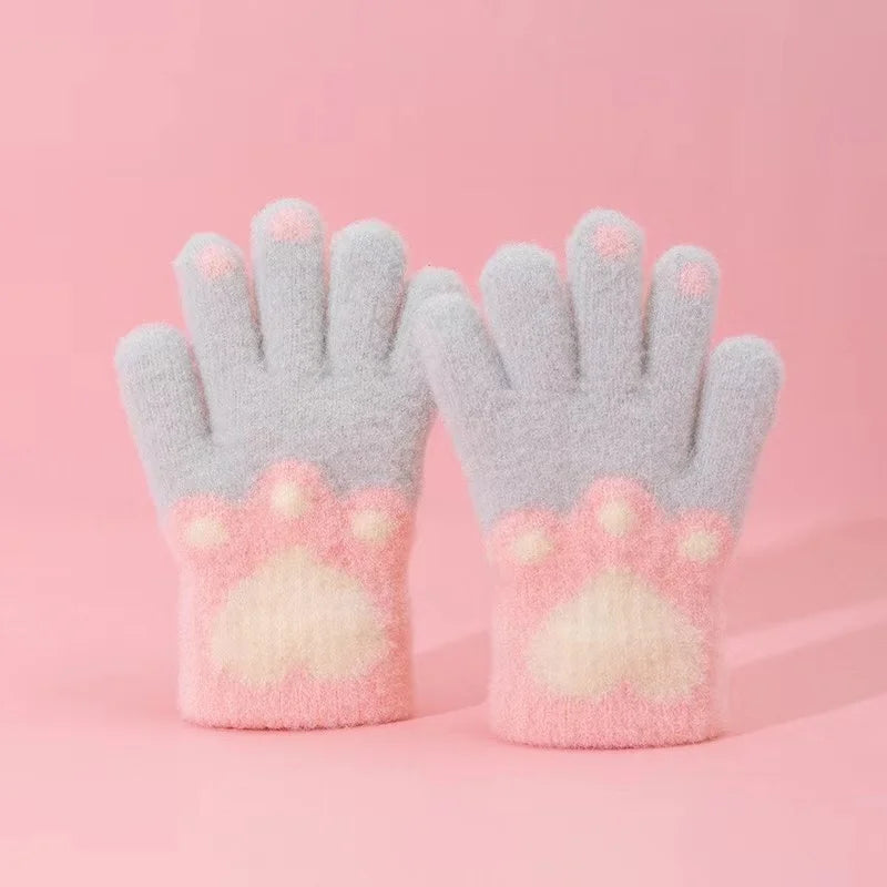 1 Pair Cute Furry Kitten Glove for Kids Boy Girl Fashion Cartoon Cat Paw Children Glove Autumn Winter Thicken Plush Glove
