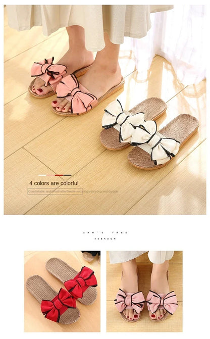 Women Summer Casual Slides Comfortable Flax Slippers Striped Bow Linen Flip Flops Platform Sandals Ladies Indoor Shoes  slippers