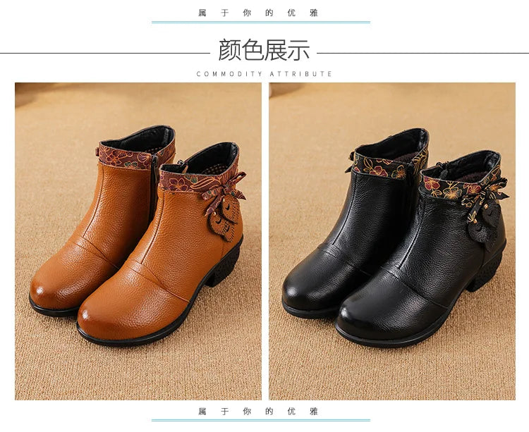 Top layer cowhide 2025 autumn and winter new retro ethnic style feature thick heel buckle splicing versatile women's short boots