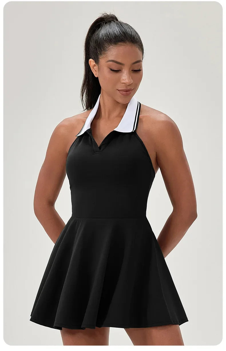 Summer Dress Vest Deep V Hanging Neck Sexy Dress for Women Contrasting Color Lapel Golf Skirt Outdoor Sports Gym Running