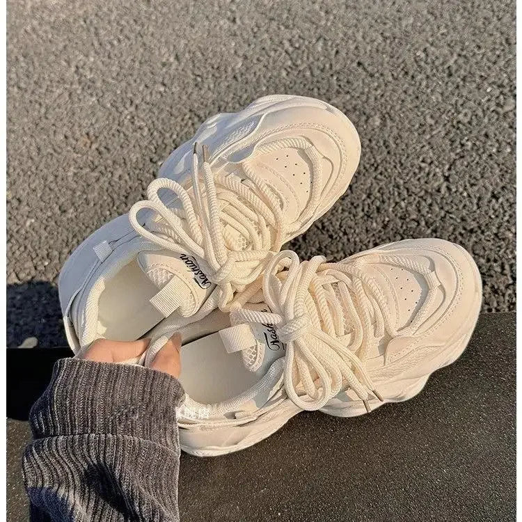 High Platform Sneakers Women Leather Dad Shoes Women Black Chunky Sneakers Thick Sole Shoes 2025 Fashion Height Increasing Shoes