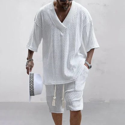 2024 Spring and Summer Casual Shorts Set Knitted Two Piece Men's V-neck Short Sleeve T-shirt and Shorts Street Wear Knitted Set