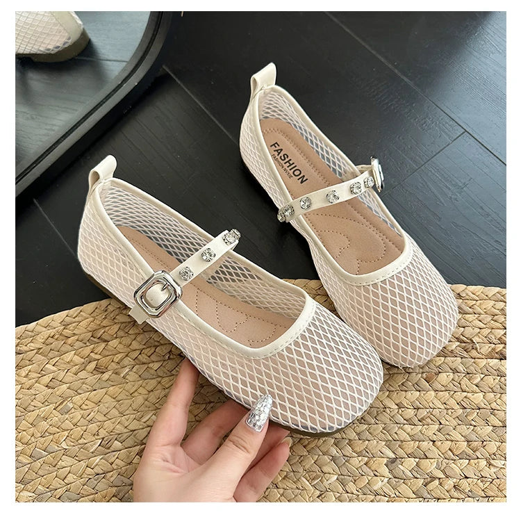 Mesh Breathable Flat Mary Jane Shoes Women Fashion Square Toe Soft Bottom Sandals Comfort Buckle Designer Ballet Shoe for Ladies