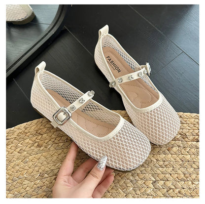 Mesh Breathable Flat Mary Jane Shoes Women Fashion Square Toe Soft Bottom Sandals Comfort Buckle Designer Ballet Shoe for Ladies