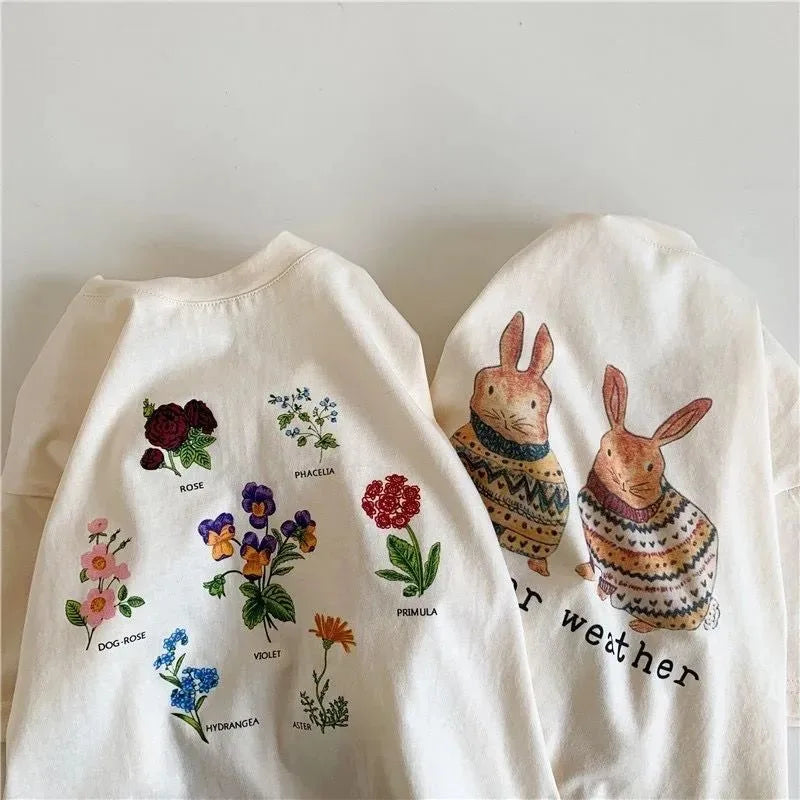 Summer Toddler Baby Girl Solid Cotton Clothes Short Sleeve Cartoon Rabbit Printed T-shirts Kids Leisure Ins Tops Tees