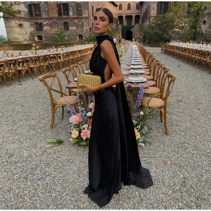 Ribbon Satin Long Party Dress Women Elegant Solid Sleeveless Female Backless Dresses 2026 Summer Autumn Lady Evening Club Gowns