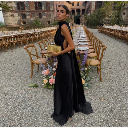 Ribbon Satin Long Party Dress Women Elegant Solid Sleeveless Female Backless Dresses 2026 Summer Autumn Lady Evening Club Gowns