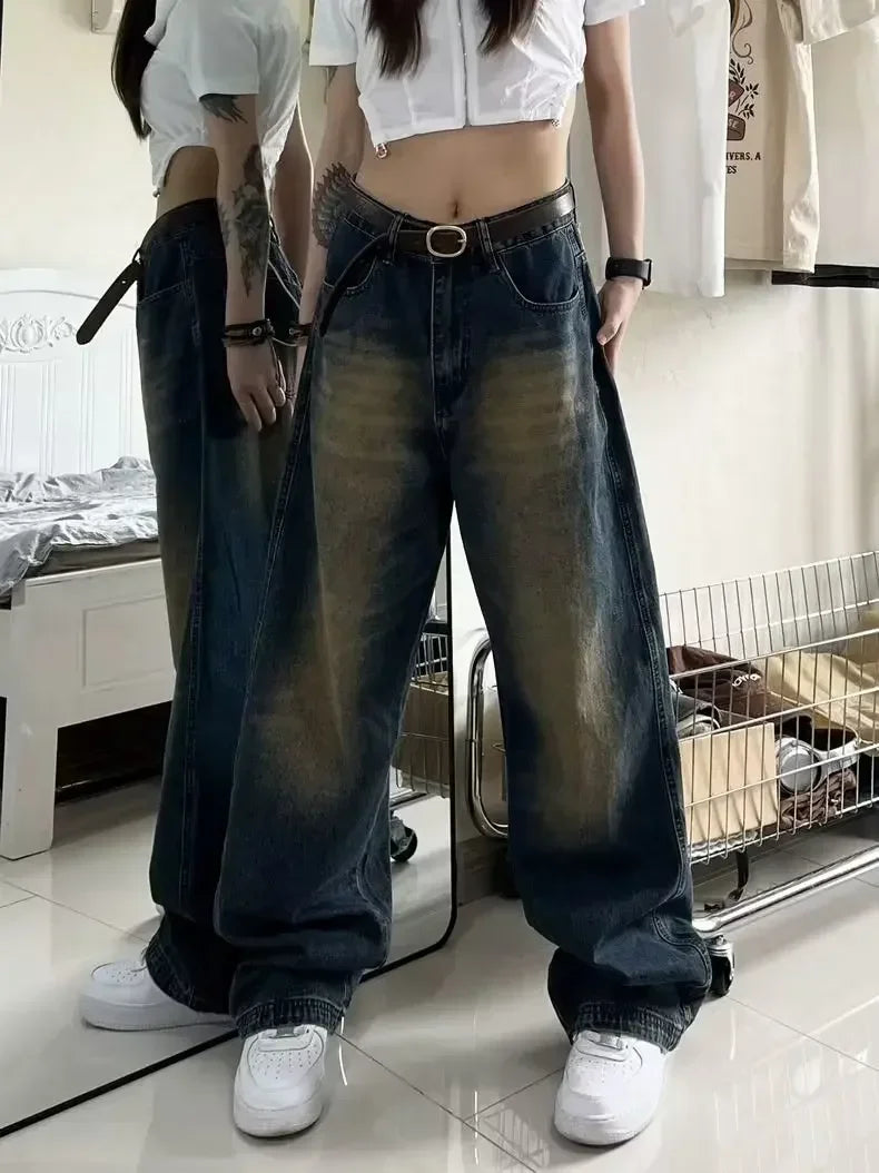 Women Jeans Distressed Full Length Wide Leg Denim Pants Spliced Zipper Fly Vintage Jean Pockets High Street Loose Fit Washed