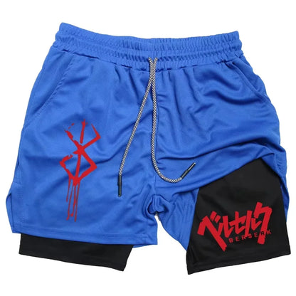 ‌Anime Berserk 2 in 1 Compression Shorts for Men - Running, Training, Yoga Gym Workout Sportswear with Pockets RL0018