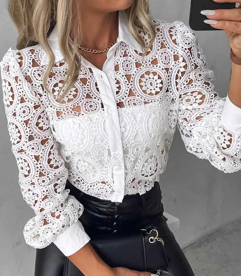 blusas elegantes para mujer 2025 Women White Lace Shirt, Unlined Long Sleeved Shirt, Fashionable Hollowed Out Vintage Top