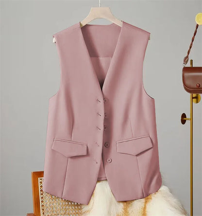 Vest Women Sleeveless Jacket Waistcoat V Neck Single Breasted Tops Outerwear Spring Summer Female 2025 Office Lady Vintage Coat
