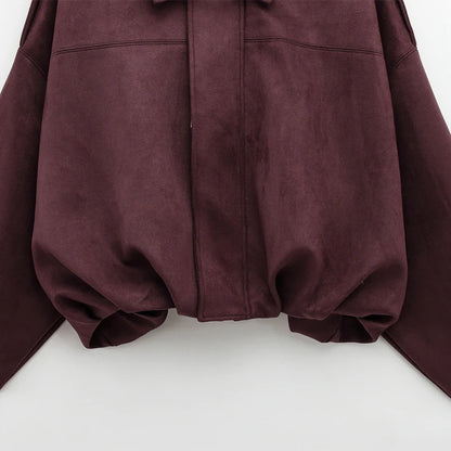 HXAO Women's Bomber Jacket Lapel Long Sleeve Zipper Suede Jacket Women 2025 High Street Cropped Racing Jackets Coats Outerwears