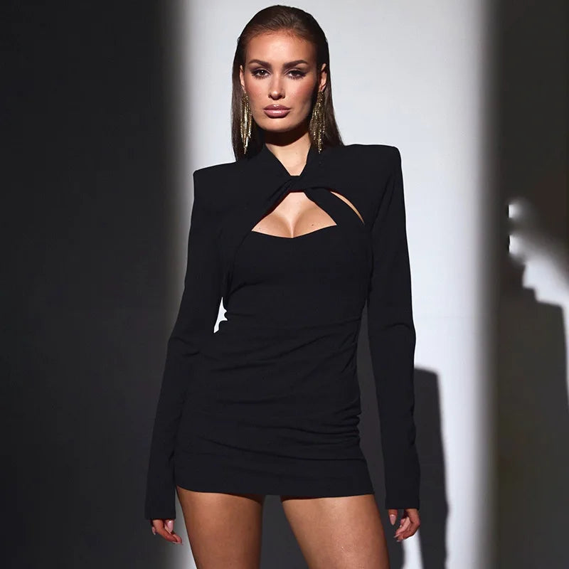 Fashion Autumn Sexy Women Slim Fit Long Sleeve Dress Party Elegant Hollow Out Short Evening Dress Spring Mock Neck Clothing