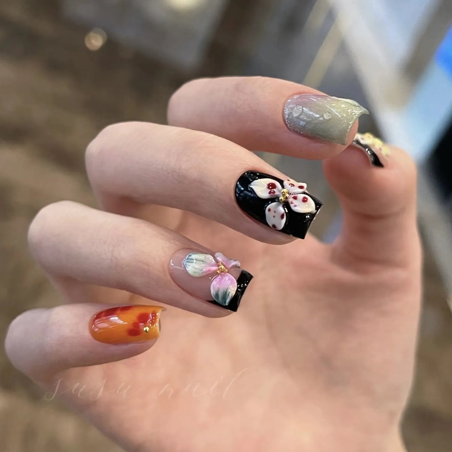 10Pcs Long Ballerina Handmade Press on Nails Pink Black Fake Nails Wearable Stick-on Nails Full Cover False Nail Uñas Postizas