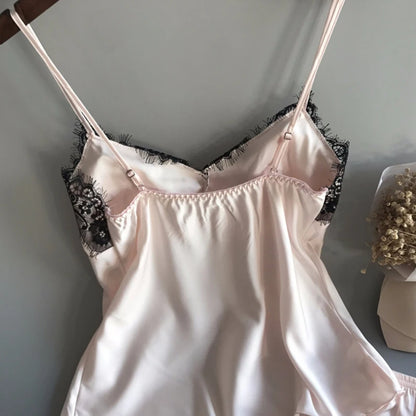 Women Pajama Suit Fashion V-Neck Stretch Satin Babydoll Lace Sexy Lingerie Pyjamas Sleep Shorts Set Sleepwear New