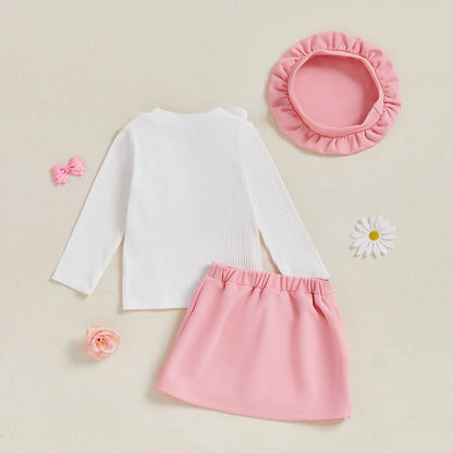 FOCUSNORM 0-4Y Fashion Little Kids Girls Autumn Clothes Sets Outfits Long Sleeve 3D Flower Decor Ribbed Tops A-line Skirt Beret