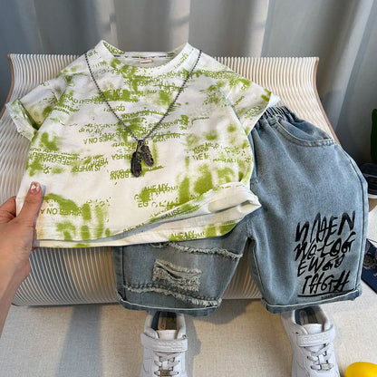 Hot Sale Fashion Baby Boy Suit Summer Clothes Short Sleeve T-shirt Short Jeans 2 Piece Set Kids Outfit 2-11Y Children's Costume
