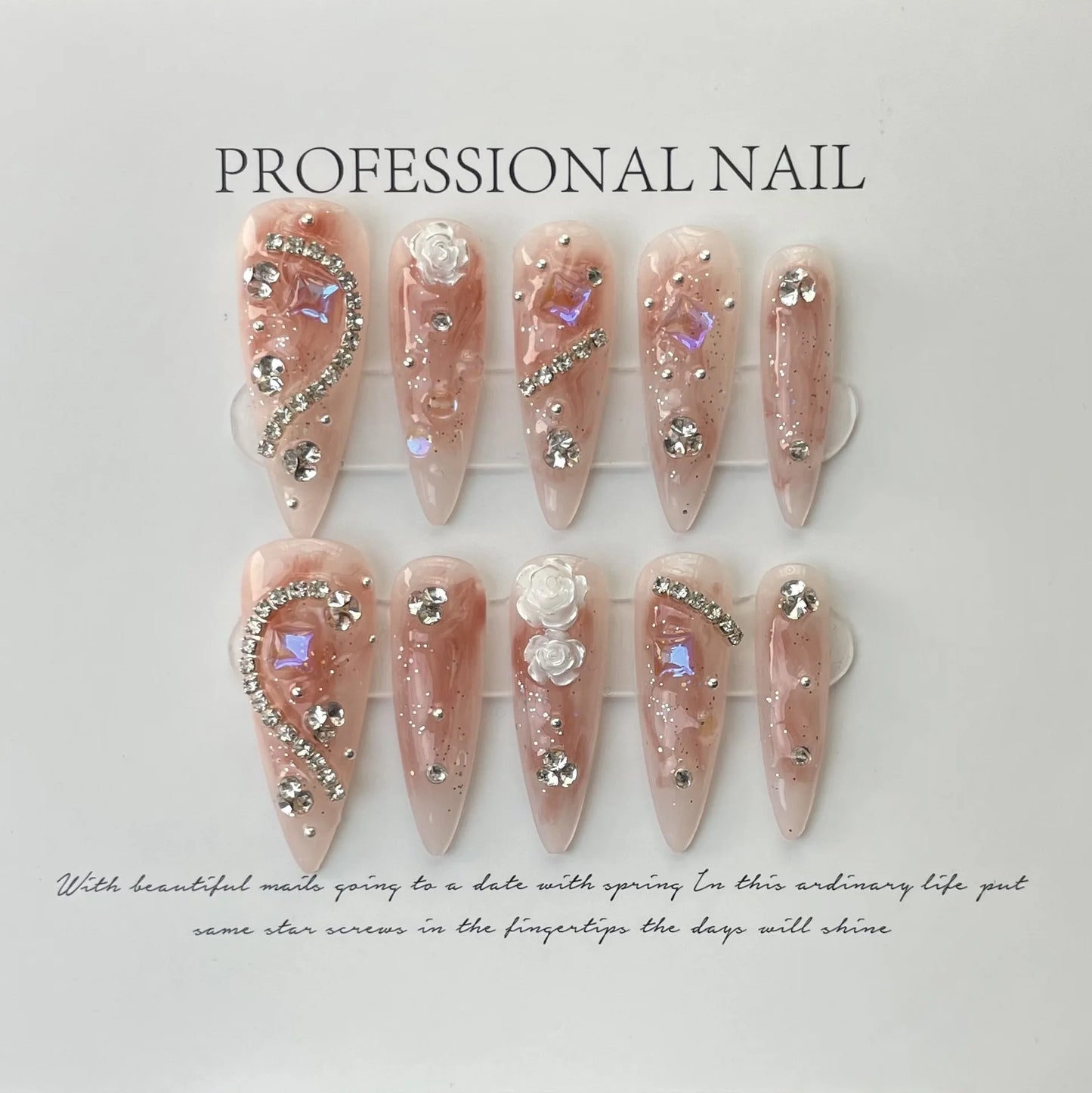 10Pcs Handmade Nails Set Press on Long Almond False Nail with Rhinestone Pink Camellia Design Reusable Full Cover Fake Nail Tips