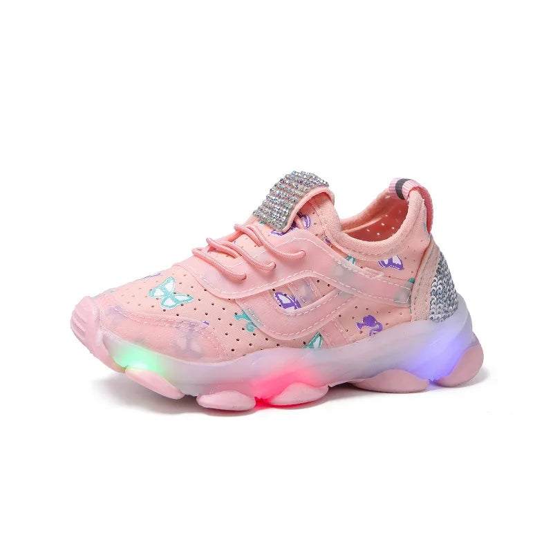 Kid Shoes Children's LED Shining Shoes 2023 Spring New Boys Sports Shoes Girls Elastic Fabric Sequins Casual Shoes Zapatillas