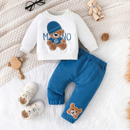Terno For Kid 3-24Months Casual Cartoon Bear Long Sleeve tee and Navy Pants Outfit Toddler Infant Clothing Set Kids Wear