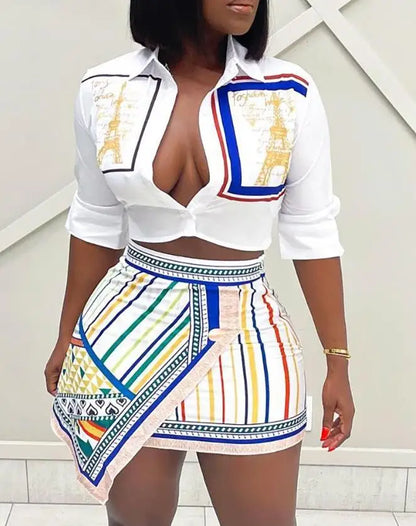 2022 new women's two piece sets Casual Elegant Graphic Print Buttoned Shirt & Striped Asymmetrical Skirt Set female suit
