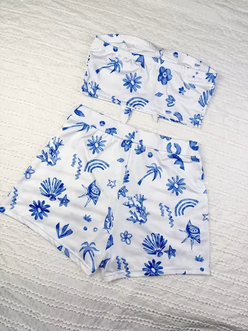 Women's summer casual beach vacation style twisted front top and shorts two-piece set