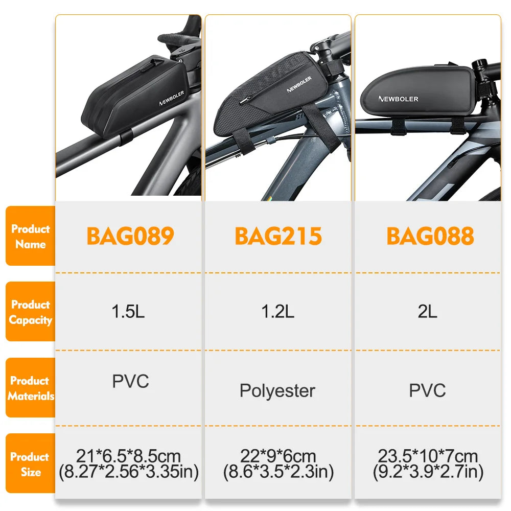 NEWBOLER Bike Bag 1.5L Portable Frame Front Tube Cycling Bag MTB Road Bicycle Pannier Bag Large Capacity EVA Cycling Bag