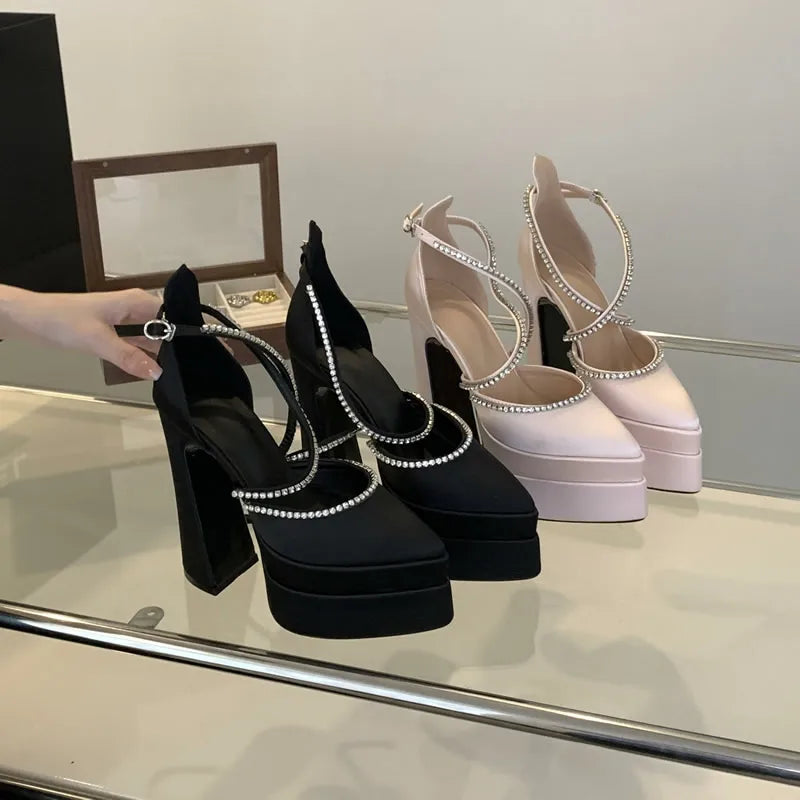 15cm Spring and Summer 2025 New Fashion Platform Thick Heels Hate Sky High Pointed Satin High Heels Show Women's Single Shoes