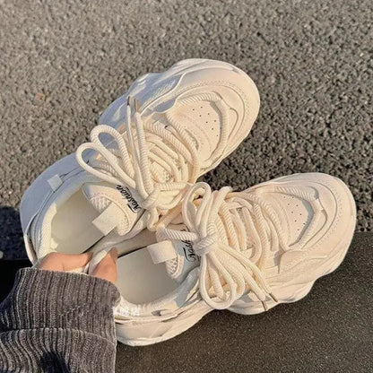 High Platform Sneakers Women Leather Dad Shoes Women Black Chunky Sneakers Thick Sole Shoes 2025 Fashion Height Increasing Shoes