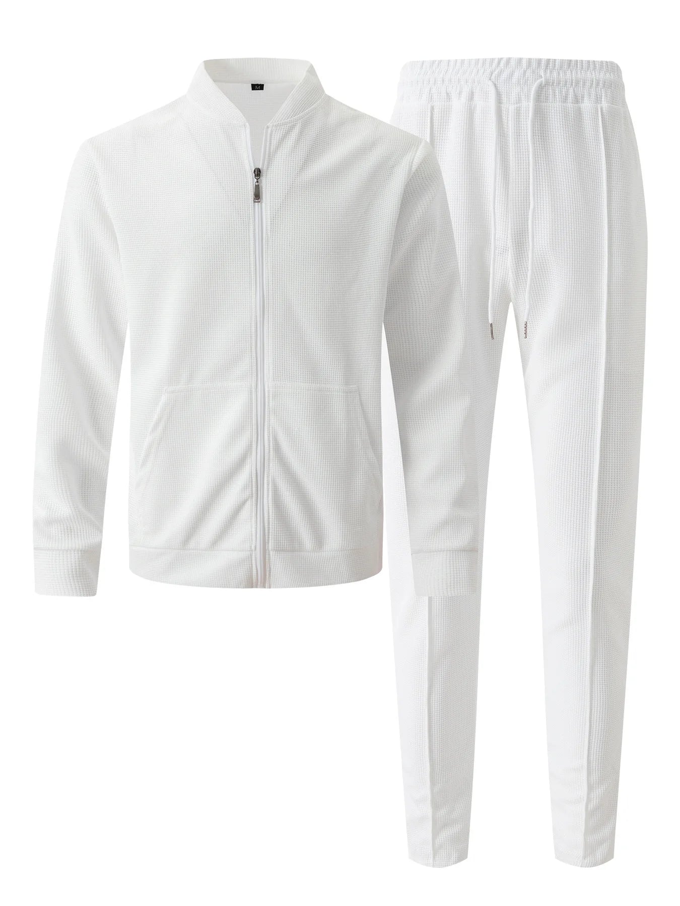 Men's Spring Casual Blazer Set Waffle Baseball Suit round Neck Zipper Long Sleeve Two-Piece Fashion Outfit with Pocket