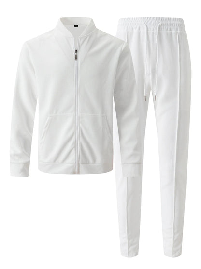 Men's Spring Casual Blazer Set Waffle Baseball Suit round Neck Zipper Long Sleeve Two-Piece Fashion Outfit with Pocket