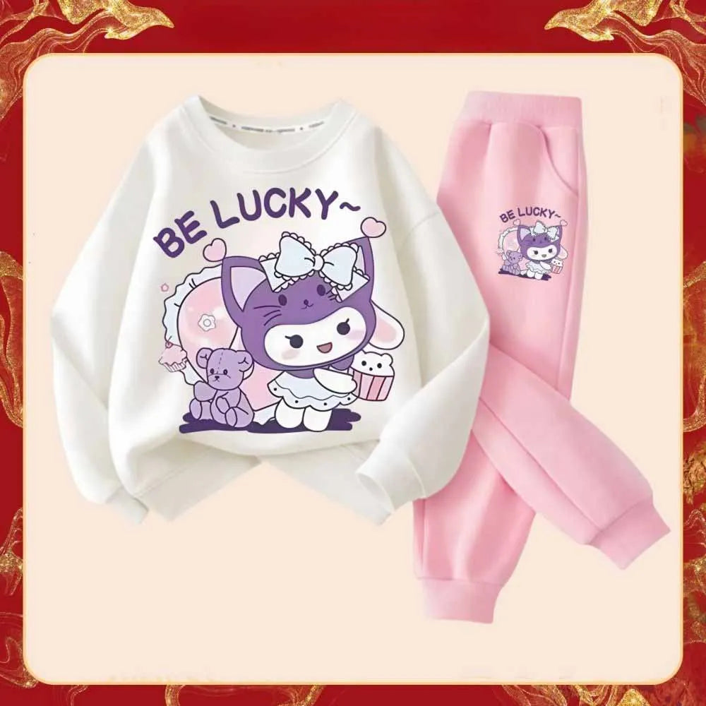 2025 Spring New Kid's Cartoon Kuromi Clothing Sets Children's Hoodies and Long Pants Two Piece Suit for Girl Casual Sweatsuit