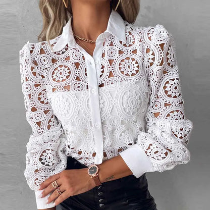 blusas elegantes para mujer 2025 Women White Lace Shirt, Unlined Long Sleeved Shirt, Fashionable Hollowed Out Vintage Top