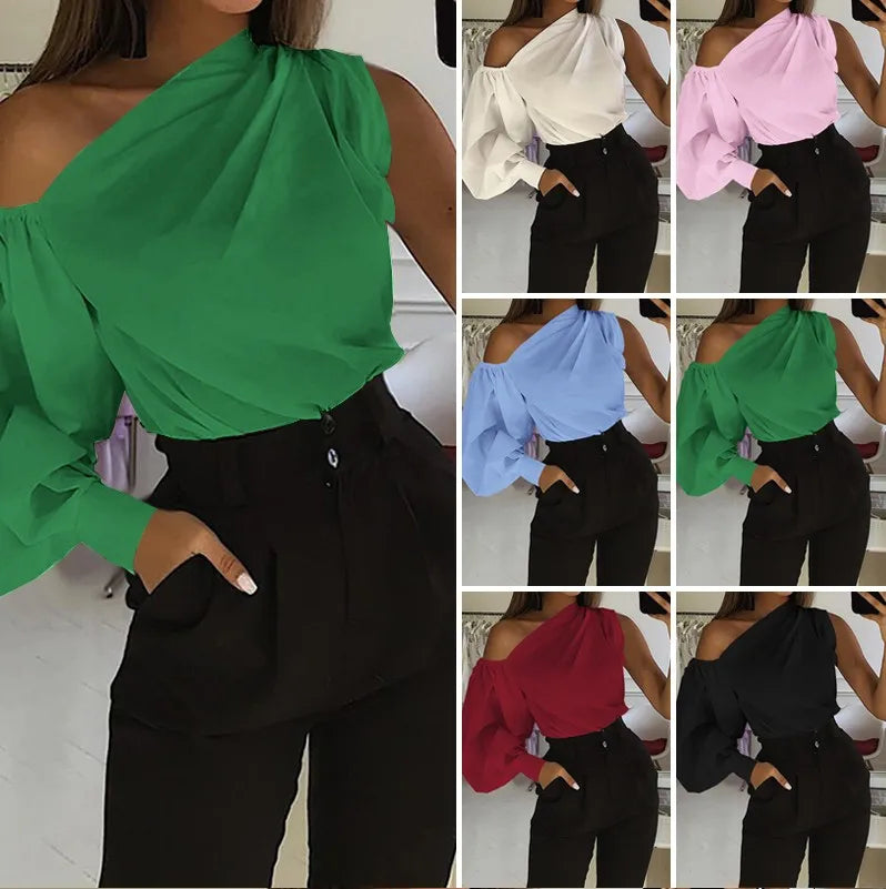 Elegant Blouses Women 2023 Summer Off Shoulder Blusas Female Fashion Lantern Long Sleeve Shirts One Shoulder Tops S-5XL