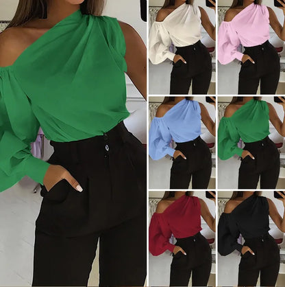 Elegant Blouses Women 2023 Summer Off Shoulder Blusas Female Fashion Lantern Long Sleeve Shirts One Shoulder Tops S-5XL