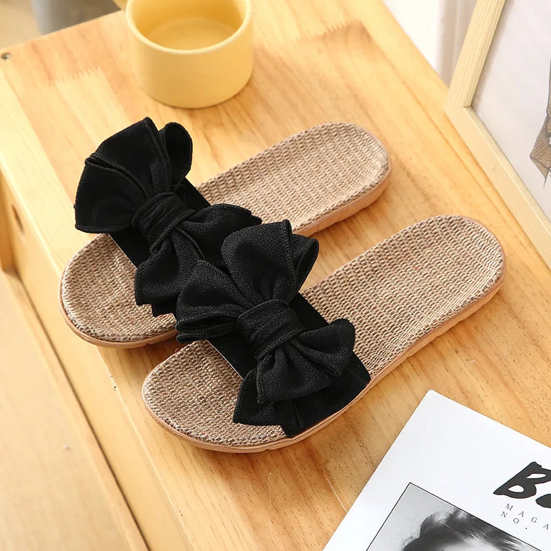 Women Summer Casual Slides Comfortable Flax Slippers Striped Bow Linen Flip Flops Platform Sandals Ladies Indoor Shoes  slippers