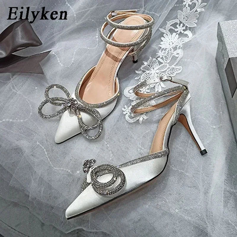 Eilyken Style Glitter Rhinestones Silk Transparent Pumps Women Crystal Bowknot Satin High Heels Party Prom Stripper Shoes