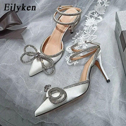 Eilyken Style Glitter Rhinestones Silk Transparent Pumps Women Crystal Bowknot Satin High Heels Party Prom Stripper Shoes