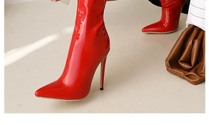 Arden Furtado Patent Leather Skinny boots Pointed toe Side zipper Super high heel Knee high boots Extra large size boots