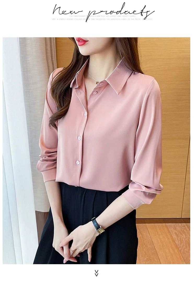 Fashion elegant satin shirts solid color ladies shirts causal Women's Blouses Spring Long Sleeve Shirts Tops Blusas Mujer
