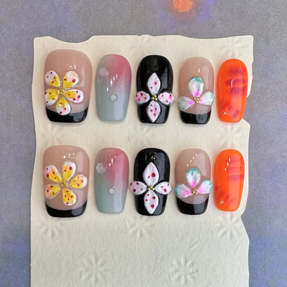 10Pcs Long Ballerina Handmade Press on Nails Pink Black Fake Nails Wearable Stick-on Nails Full Cover False Nail Uñas Postizas