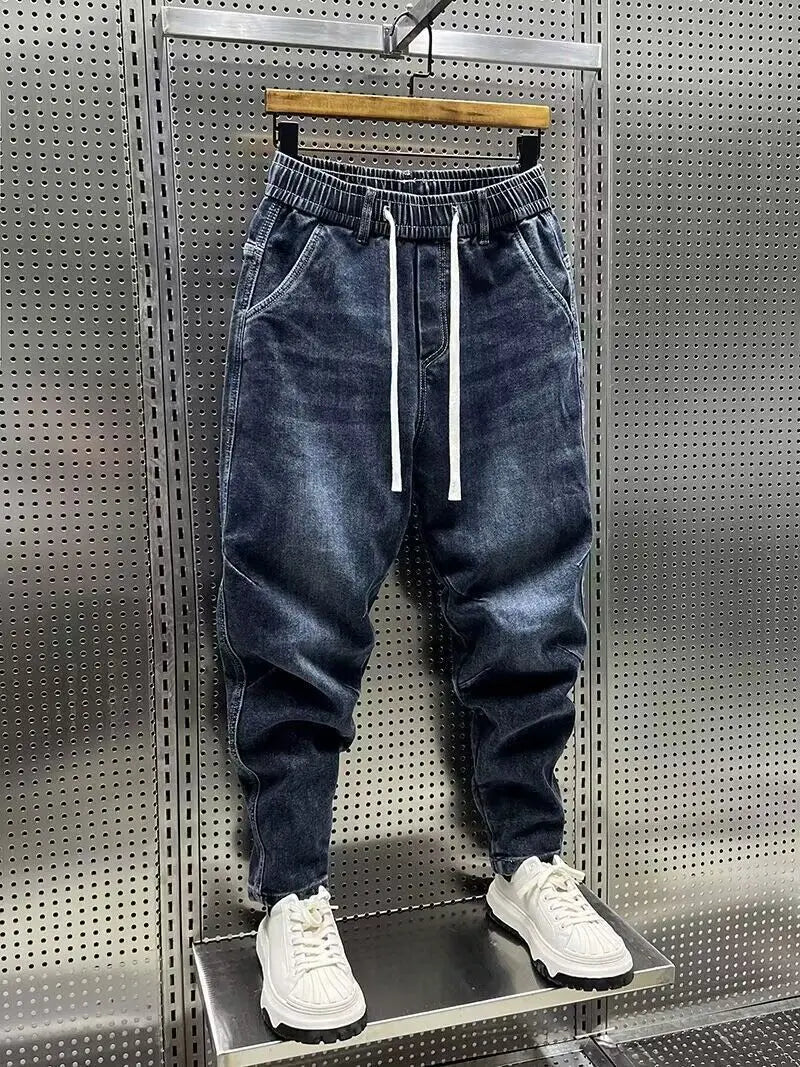 High Quality New 2024 Luxury Designer Casual Loose Drawstring Denim Jeans Men Full Length Wide Leg Streetwear Cowboy Harem Pants