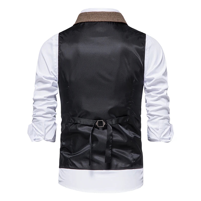 New Men's Retro Lapel Vest Herringbone Coarse Tweed Pockets Suit Vest British Casual Vintage Gentleman Leisure Party Bar Banquet