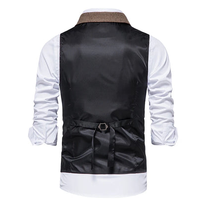 New Men's Retro Lapel Vest Herringbone Coarse Tweed Pockets Suit Vest British Casual Vintage Gentleman Leisure Party Bar Banquet