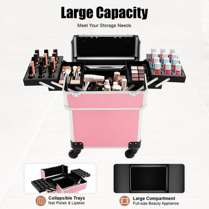 Rolling Makeup Train Case,Cosmetic Trolley with Keys,Hairdressing Travel Case,Large Capacity Trolley Makeup Box,Pink/Black