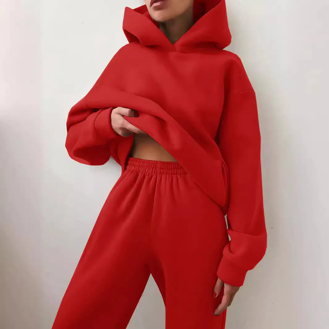 Two Piece Pant Sets Women Solid Thick Sweatshirts Hooded Full Sleeve Elastic Waist Spliced Long Pants Pockets Casual Suits