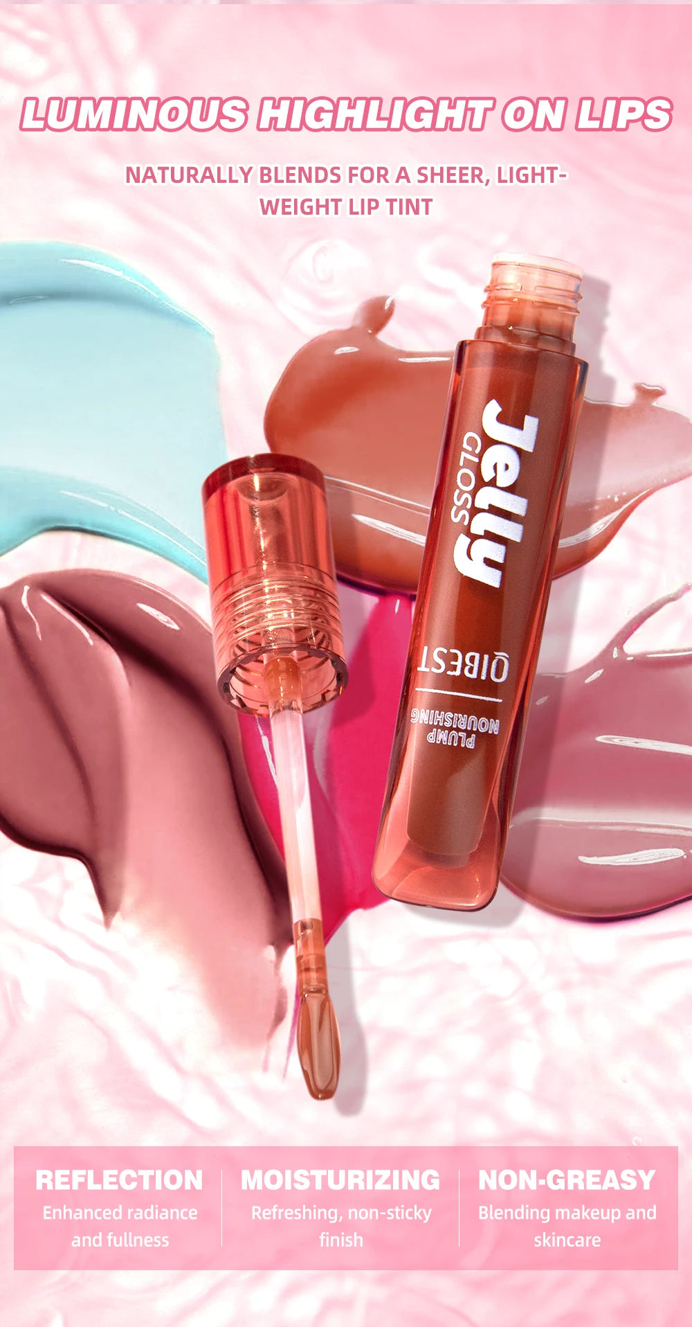 Mirror Water Light Jelly Lip Gloss Shiny Mirror Moisturizer Sexy Red Rose Liquid Lipstick Glitter Lip Oil Glass Lip Stain Makeup