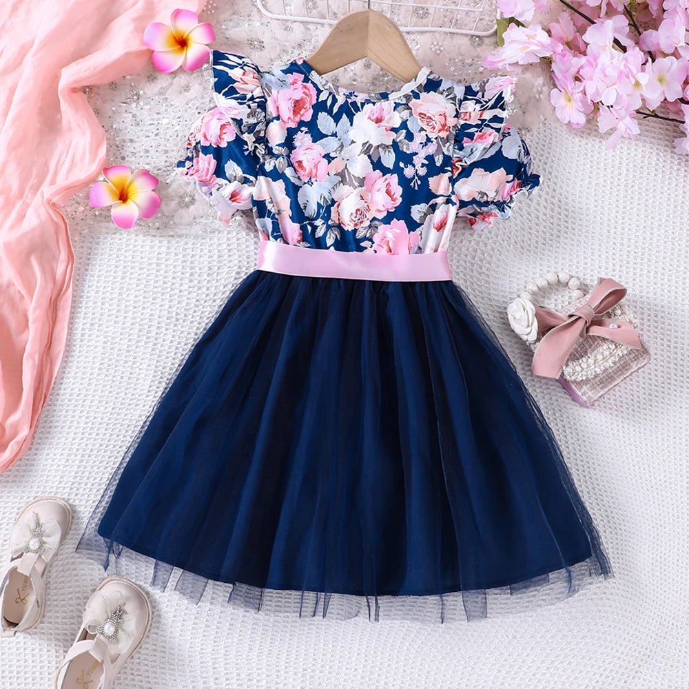 New girls' summer style bubble sleeve flower printed mesh dress