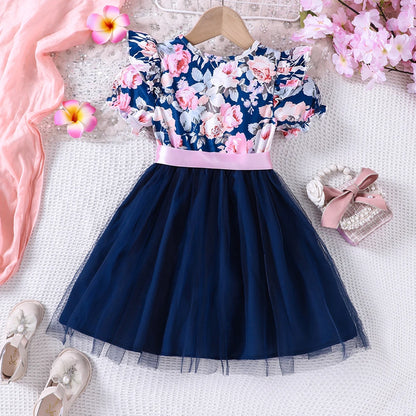 New girls' summer style bubble sleeve flower printed mesh dress